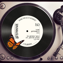 Invitación Faux Record Retro Butterfly Música 50 cumpleaños