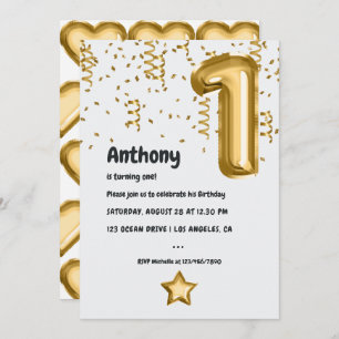 Invitación Faux Relieve metalizado dorado Balloon 1er cumplea