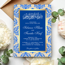 Invitación Faux Relieve metalizado dorado Blue Damask Boda mu