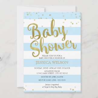 Invitación Faux Relieve metalizado dorado, Blue Stripes Baby 