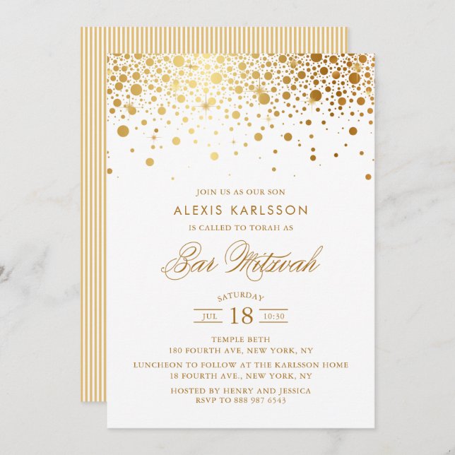 Invitación Faux Relieve metalizado dorado Confetti Bar Mitzva (Anverso / Reverso)
