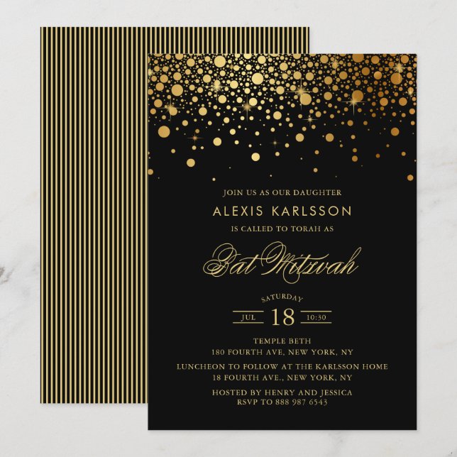 Invitación Faux Relieve metalizado dorado Confetti Black Bat  (Anverso / Reverso)