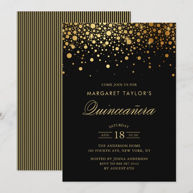 Invitación Faux Relieve metalizado dorado Confetti Black Quin (Anverso / Reverso)
