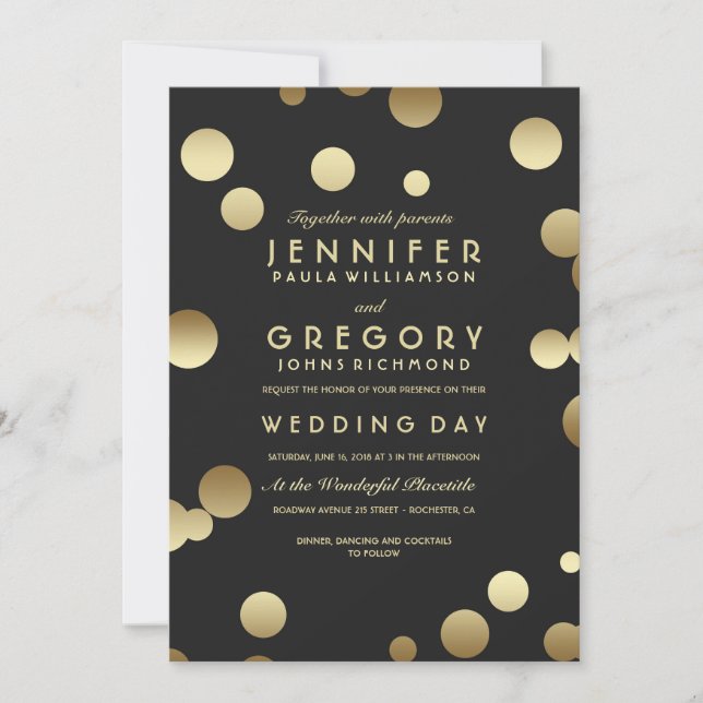 Invitación Faux Relieve metalizado dorado Confetti Bodas Invi (Anverso)