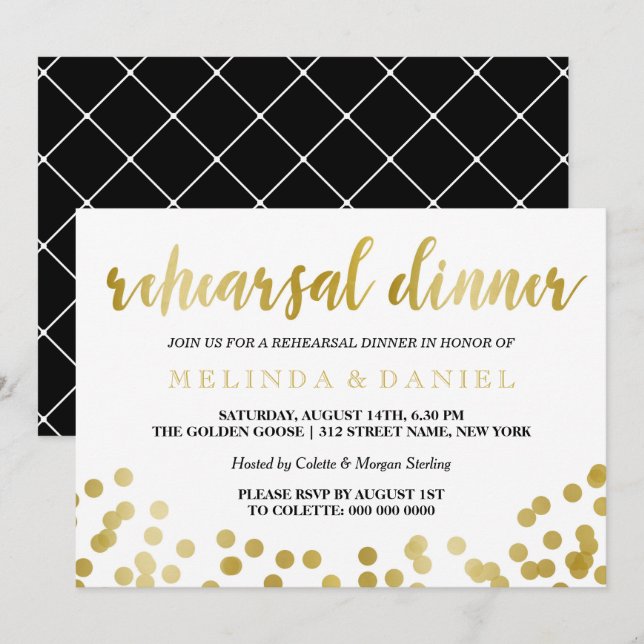 Invitación Faux Relieve metalizado dorado Confetti | Cena de  (Anverso / Reverso)