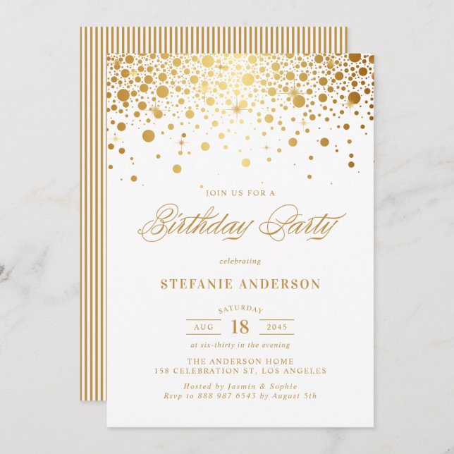 Invitación Faux Relieve metalizado dorado Confetti Dots Cumpl (Anverso / Reverso)