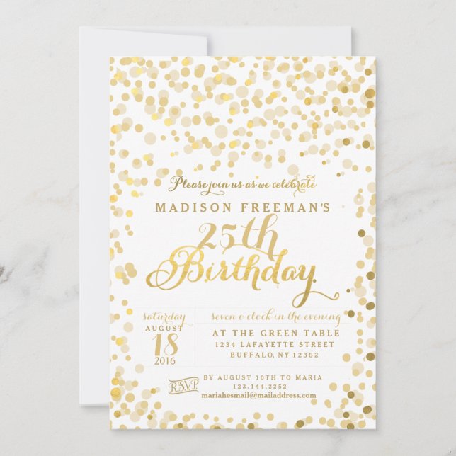 Invitación Faux Relieve metalizado dorado Confetti Fiesta de  (Anverso)