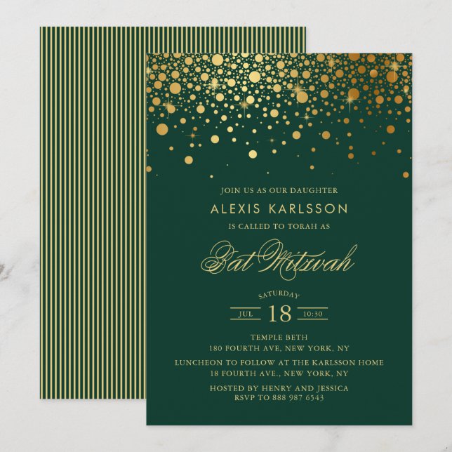 Invitación Faux Relieve metalizado dorado Confetti Green Bat  (Anverso / Reverso)