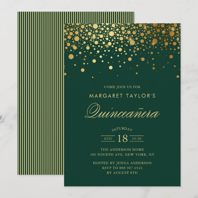 Invitación Faux Relieve metalizado dorado Confetti Green Quin (Anverso / Reverso)