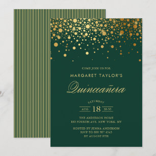 Invitación Faux Relieve metalizado dorado Confetti Green Quin