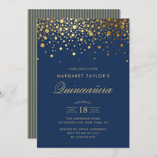 Invitación Faux Relieve metalizado dorado Confetti Marina Azu (Anverso / Reverso)