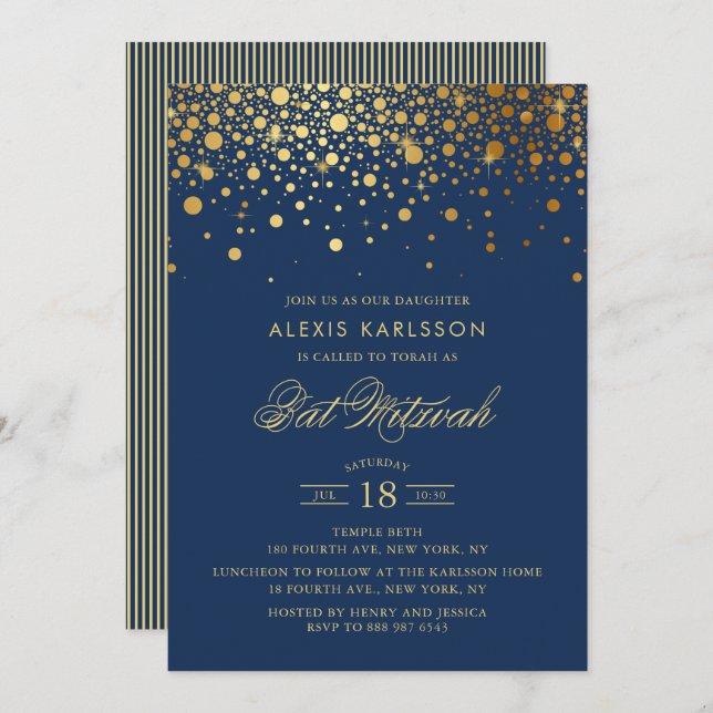 Invitación Faux Relieve metalizado dorado Confetti Navy Blue  (Anverso / Reverso)