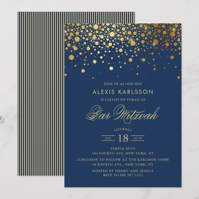 Invitación Faux Relieve metalizado dorado Confetti Navy Blue  (Anverso / Reverso)