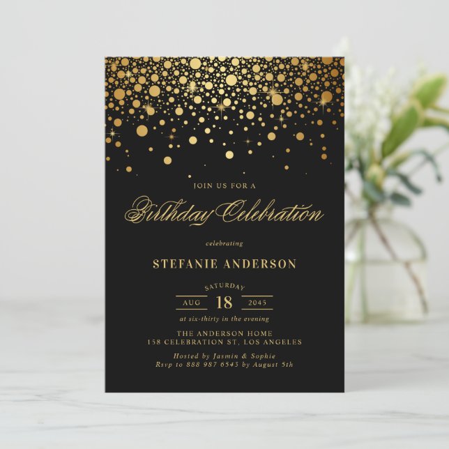 Invitación Faux Relieve metalizado dorado Confetti puntos neg (Anverso de pie)