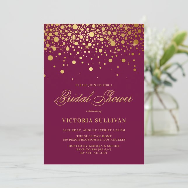 Invitación Faux Relieve metalizado dorado Confetti Purple Bri (Anverso de pie)