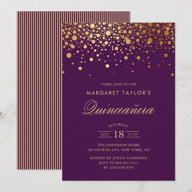 Invitación Faux Relieve metalizado dorado Confetti Purple Qui (Anverso / Reverso)