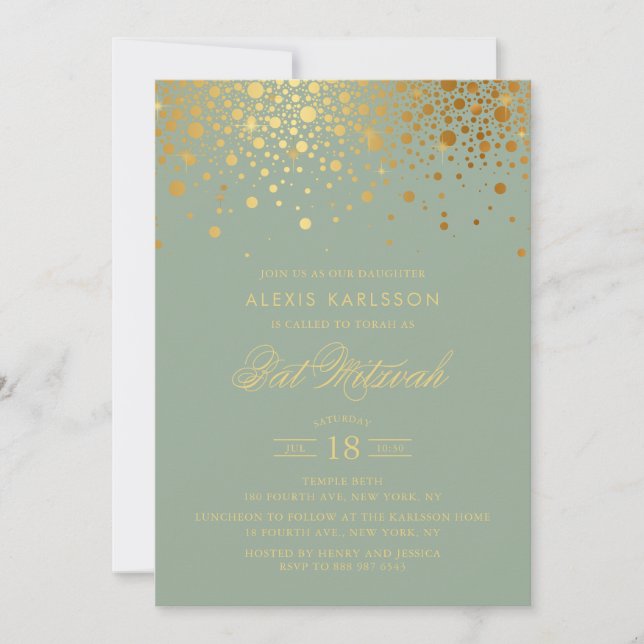 Invitación Faux Relieve metalizado dorado Confetti Sage Green (Anverso)