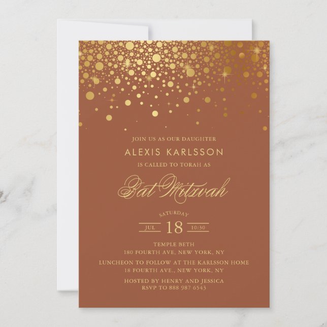 Invitación Faux Relieve metalizado dorado Confetti Terracotta (Anverso)