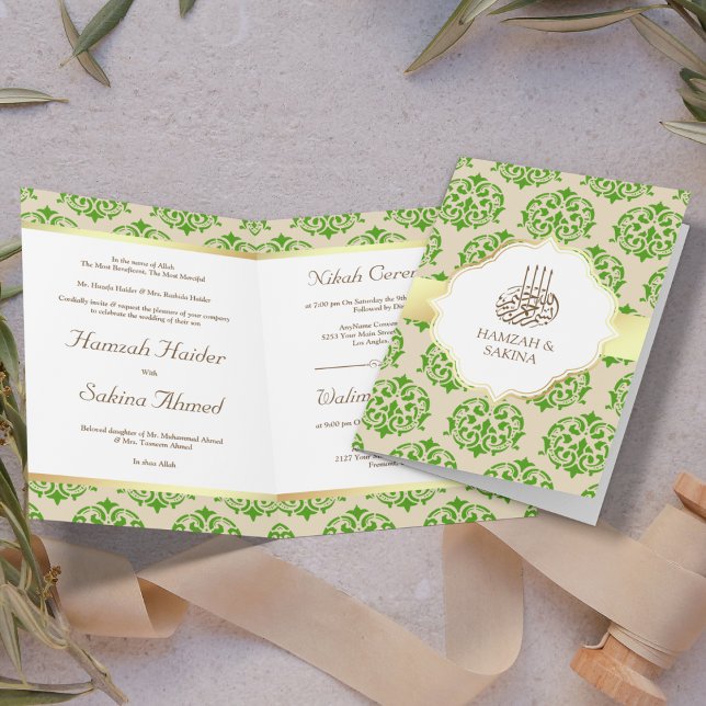 Invitación Faux Relieve metalizado dorado Pear Green Damask B (Subido por el creador)