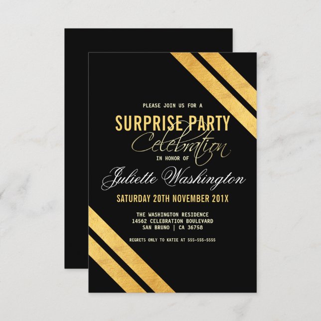 Invitación Faux Relieve metalizado dorado Strip Black Surpris (Anverso / Reverso)