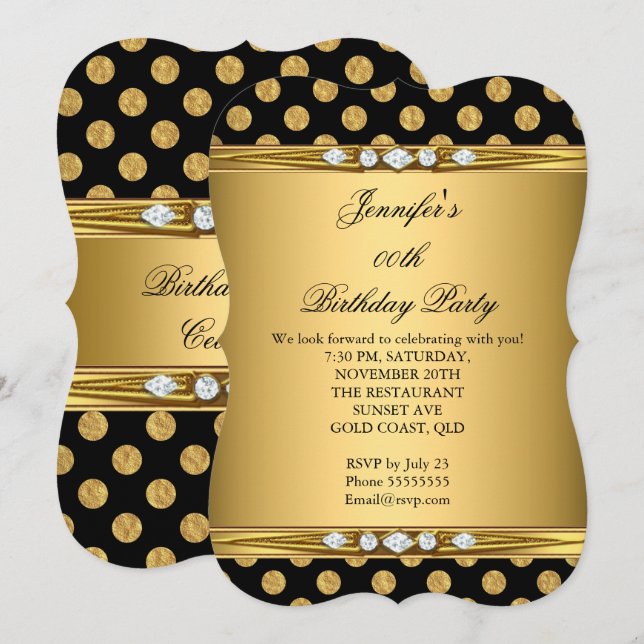 Invitación Faux Relieve metalizado Oro Polka Negro Dots Diamo (Anverso / Reverso)