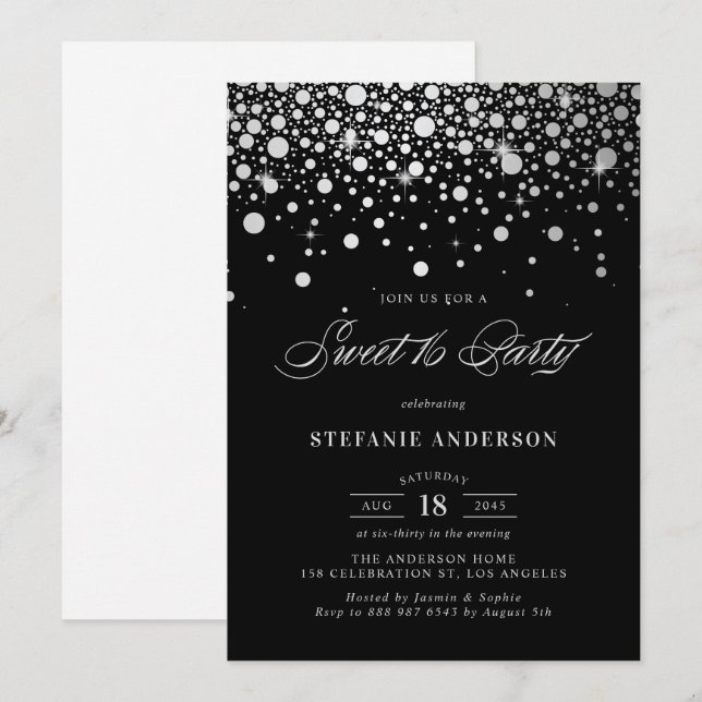 Invitación Faux Relieve metalizado plateado Confetti | Dulce  (Anverso / Reverso)