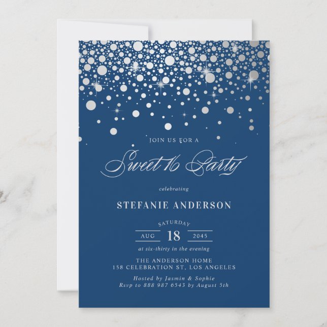 Invitación Faux Relieve metalizado plateado Confetti | Dulce  (Anverso)