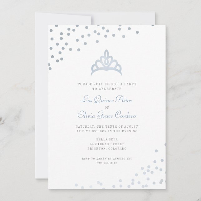 Invitación Faux Relieve metalizado plateado Tiara Quinceañera (Anverso)