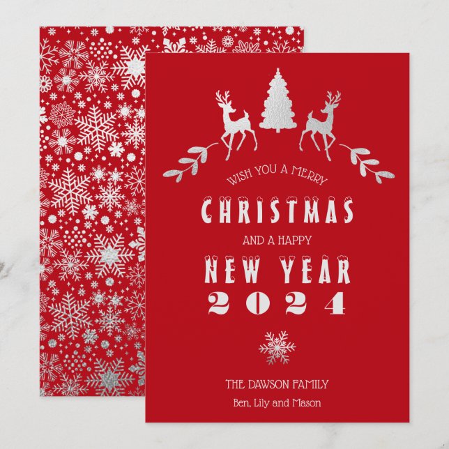 Invitación Faux Relieve metalizado plateado y Red Merry Chris (Anverso / Reverso)