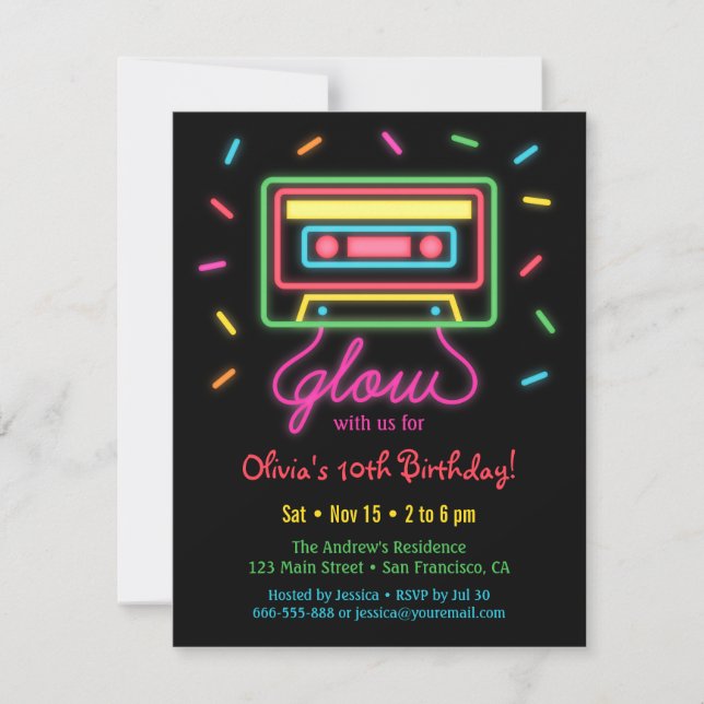 Invitación Faux Retro Cassette Neon Glow Birday Party (Anverso)
