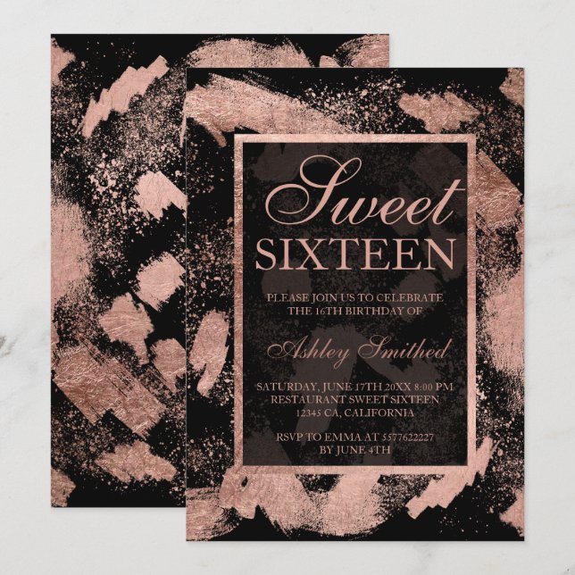 Invitación Faux rosa brochas de oro splatter moda Sweet 16 (Anverso / Reverso)