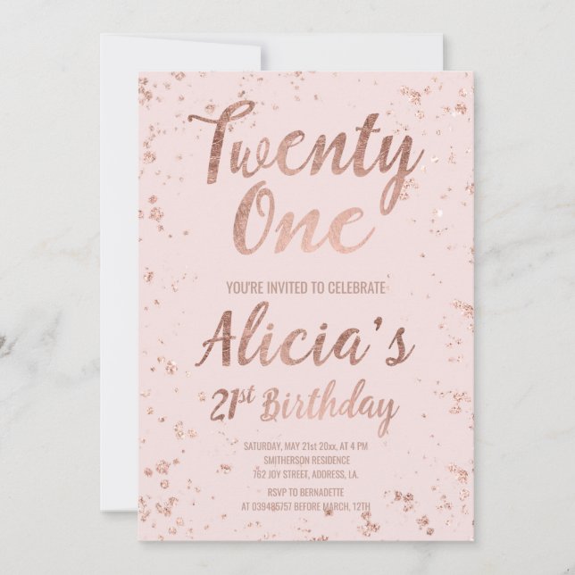 Invitación Faux rosa de oro confetti blush 21er nombre de cum (Anverso)