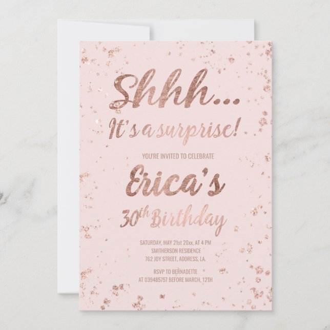Invitación Faux rosa de oro confetti salpicaduras rosa rubor  (Anverso)