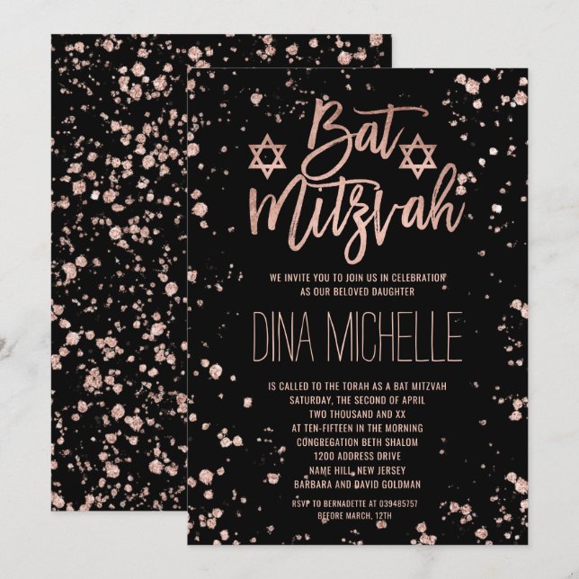 Invitación Faux rosa de oro confetti splatters Bat Mitzvah (Anverso / Reverso)