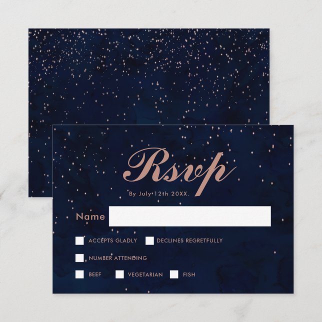 Invitación Faux rosa estrellas de oro azul marino acuarela rs (Anverso / Reverso)