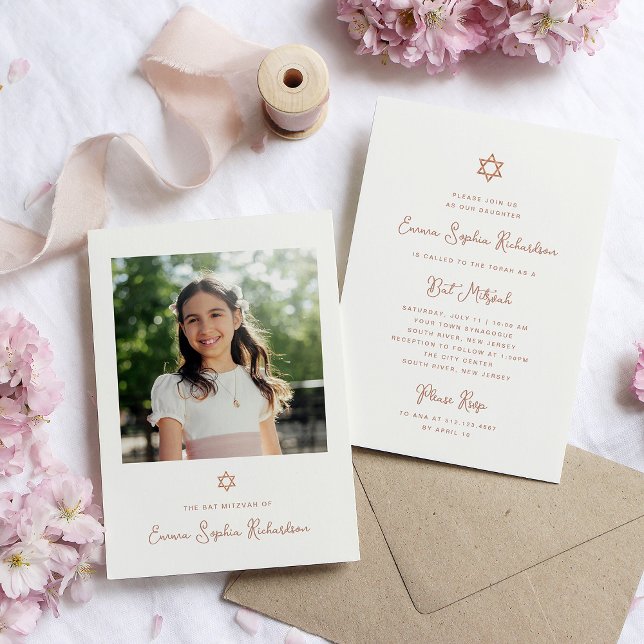 Invitación Faux Rosa Faux Faux Gold Photo Bat Mitzvah (Subido por el creador)
