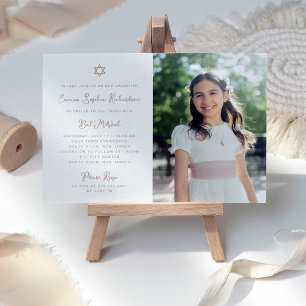Invitación Faux Rosa Faux Faux Gold Photo Bat Mitzvah