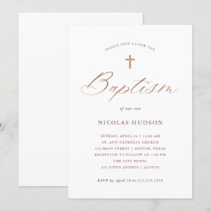 Invitación Faux Rosa Gold Calligraphy and Cross  Bautismo