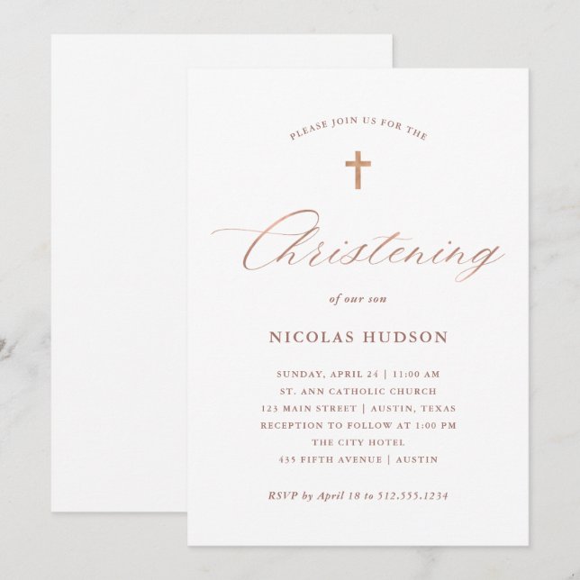 Invitación Faux Rosa Gold Calligraphy and Cross| Cristalizaci (Anverso / Reverso)
