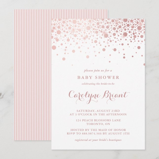 Invitación Faux Rosa Gold Confetti Dots Baby Shower (Anverso / Reverso)