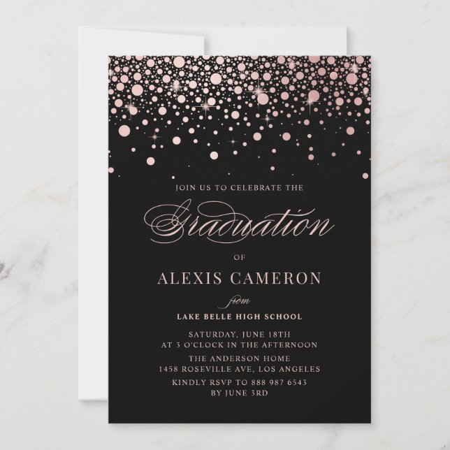 Invitación Faux Rosa Gold Confetti Dots Black Graduation (Anverso)