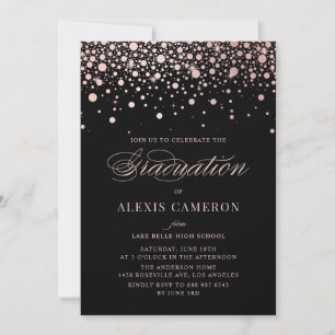 Invitación Faux Rosa Gold Confetti Dots Black Graduation