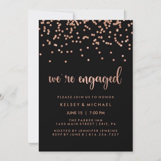 Invitación Faux Rosa Gold Confetti en Black Engagement Party (Anverso)