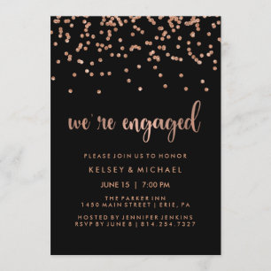 Invitación Faux Rosa Gold Confetti en Black Engagement Party