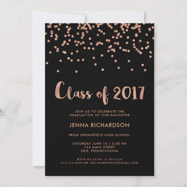 Invitación Faux Rosa Gold Confetti Graduación Party| Negro (Anverso)
