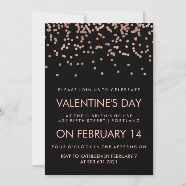 Invitación Faux Rosa Gold Confetti sobre El día de San Valent (Anverso)