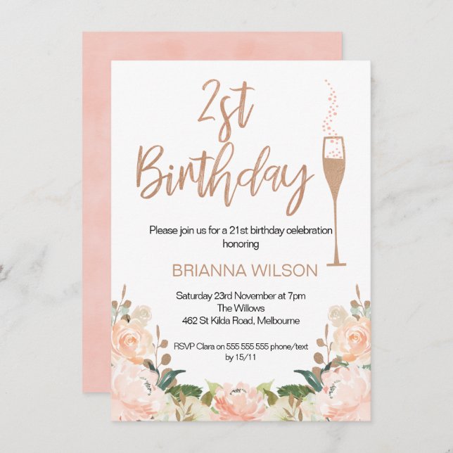 Invitación Faux Rosa Gold Floral 21st Birthday Invitation (Anverso / Reverso)