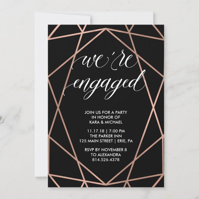 Invitación Faux Rosa Gold Geometric Engagement Party (Anverso)
