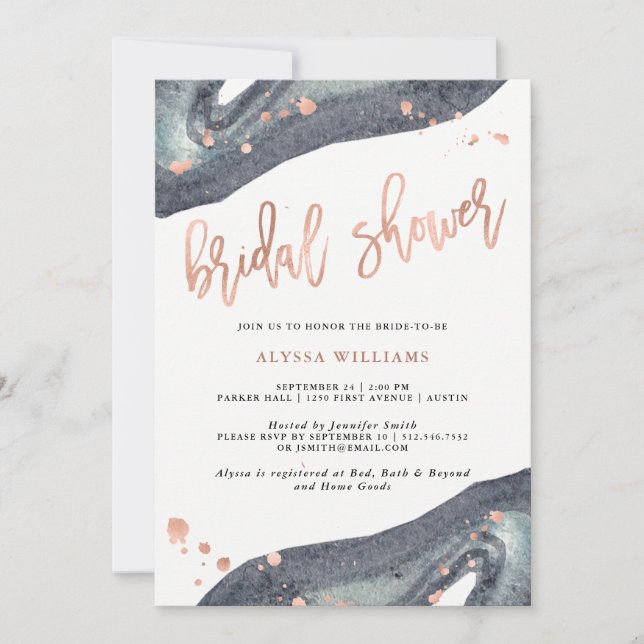 Invitación Faux Rosa Gold | Gray Geode Bridal Shower (Anverso)