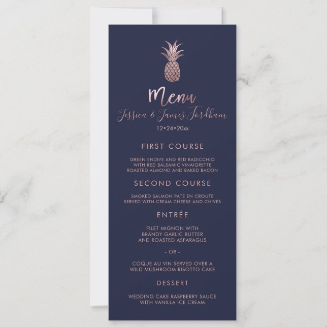 Invitación Faux Rosa Gold Pineapple Menu (Anverso)